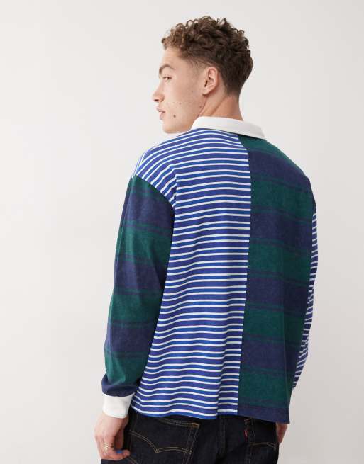 COLLUSION long sleeve spliced rugby polo in green and blue