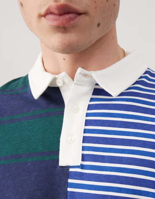 COLLUSION long sleeve spliced rugby polo in green and blue