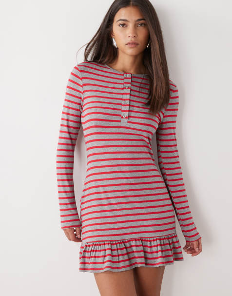 COLLUSION long sleeve stripe drop waist mini dress