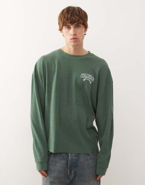 COLLUSION Long sleeve t-shirt in waffle in green with print