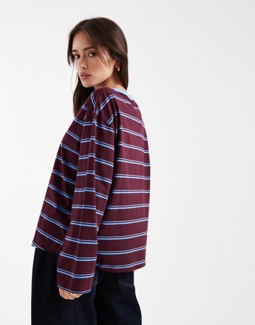 COLLUSION long sleeve t-shirt with contrast neck in blue stripe, 3 of 4