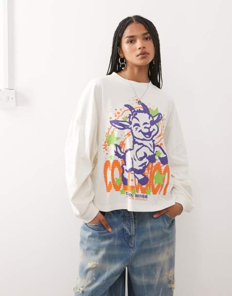 COLLUSION long sleeve t-shirt with goat graphic in cream - view 1