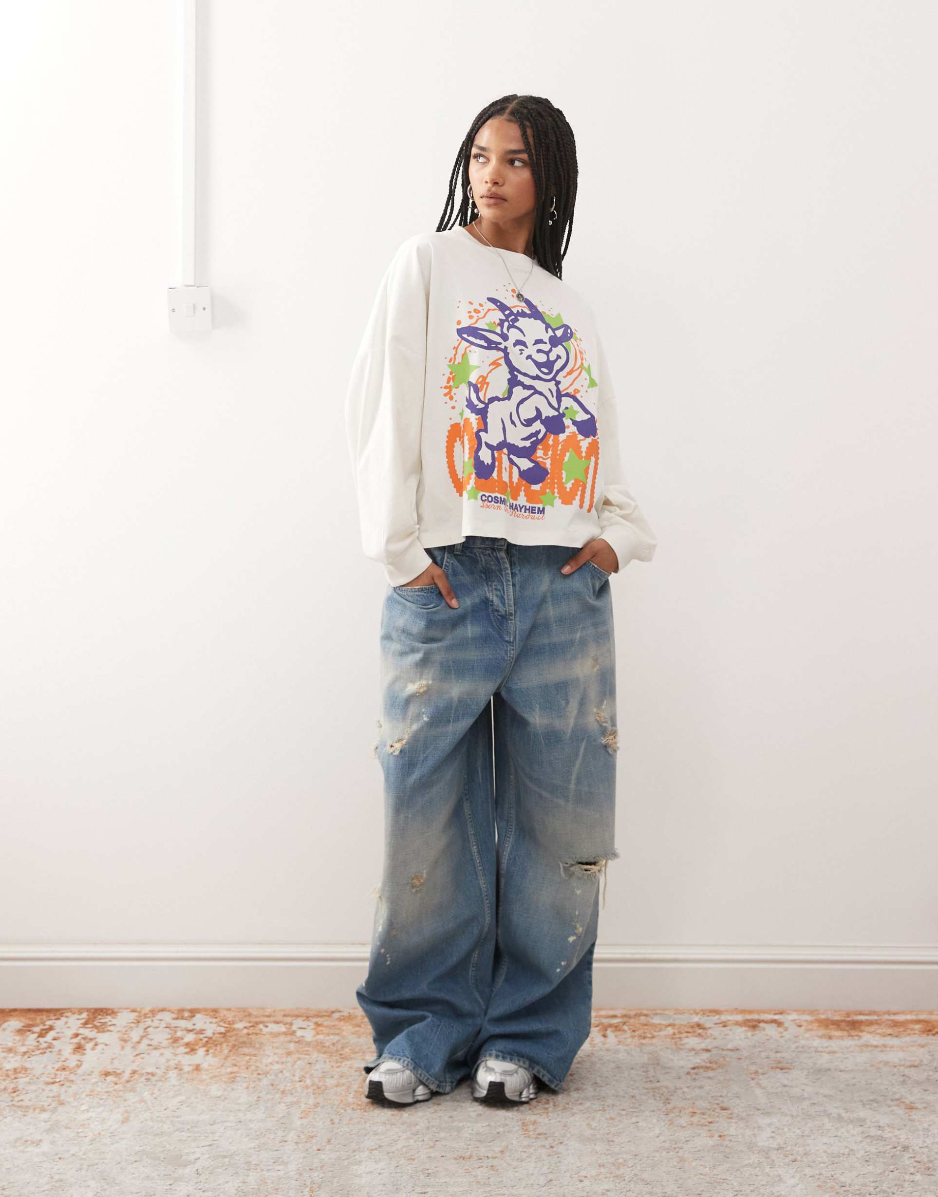 collusion long sleeve t-shirt with goat graphic in cream