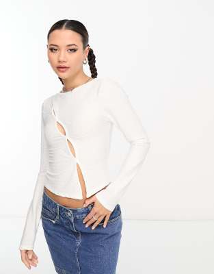 COLLUSION long sleeve textured cut out top in white