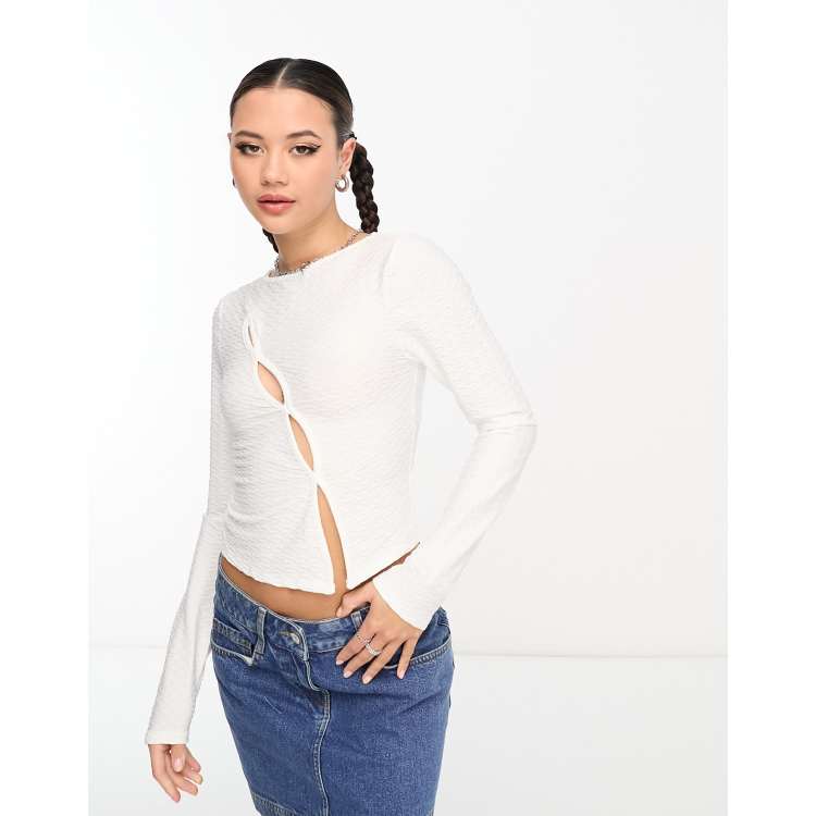 COLLUSION long sleeve textured cut out top in white