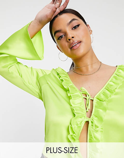 COLLUSION long sleeve tie front ruffle top in acid green