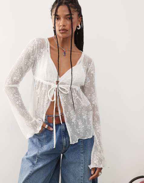 COLLUSION  long sleeve tie front top in cream - view 1