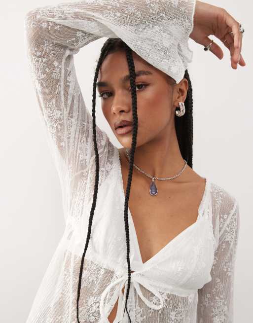 COLLUSION long sleeve tie front top in cream, 3 of 4