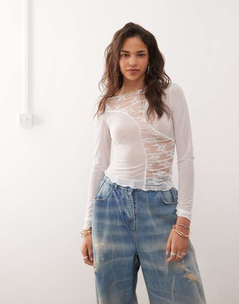COLLUSION long sleeve top in mix cream lace - view 1