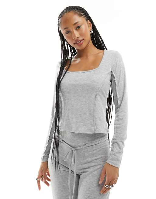 COLLUSION long sleeve top with square neck in gray heather