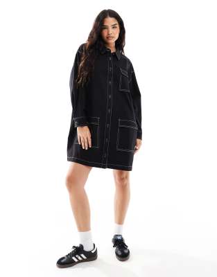 long sleeve twill mini shirt dress with contrast stitch detail in black