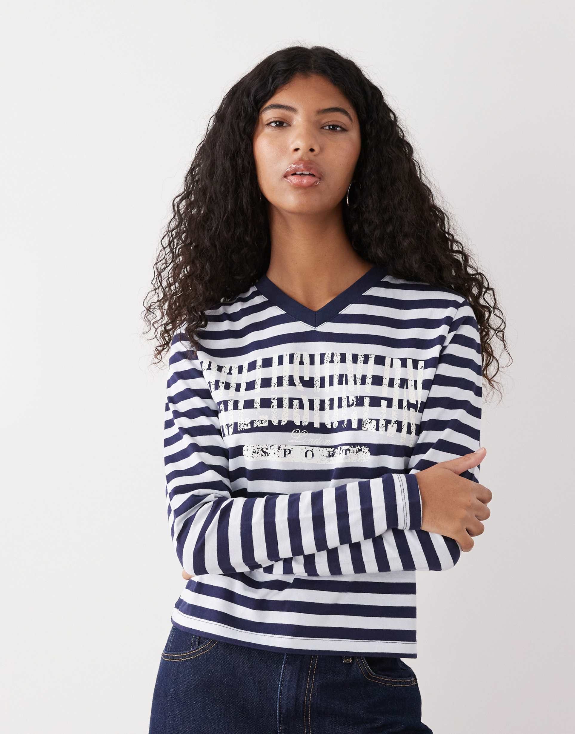 collusion long sleeve v-neck t-shirt in blue and white stripe