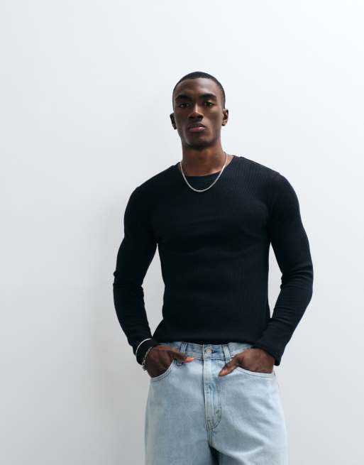 COLLUSION long sleeve waffle textured T-shirt in black, 3 of 5
