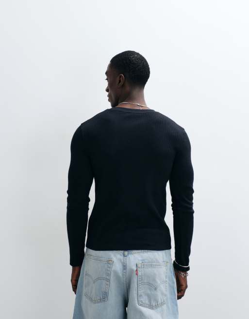 COLLUSION long sleeve waffle textured T-shirt in black, 5 of 5