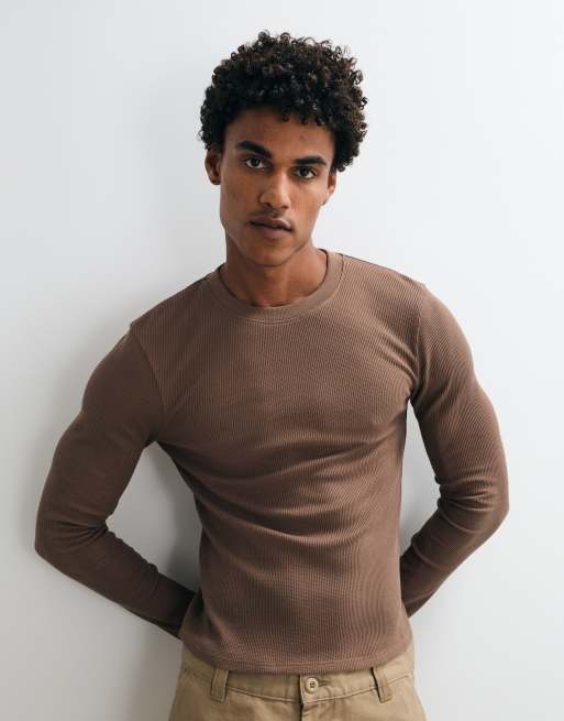 COLLUSION long sleeve waffle textured t-shirt in brown, 2 of 5