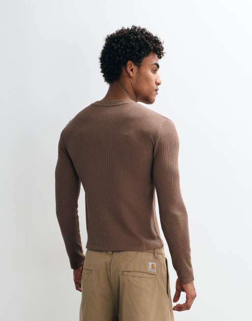 COLLUSION long sleeve waffle textured t-shirt in brown, 4 of 5