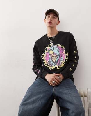 Collusion Long Sleeve Washed Skull Print Graphic T-shirt-black
