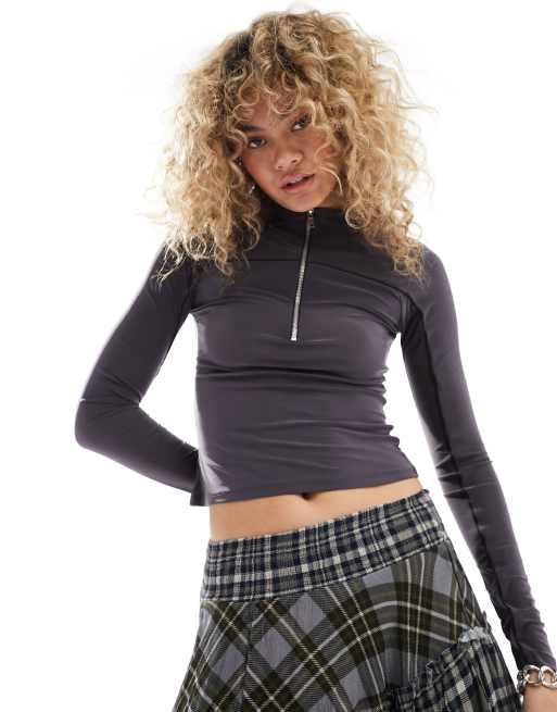 COLLUSION long sleeve zip detail top with piping in grey