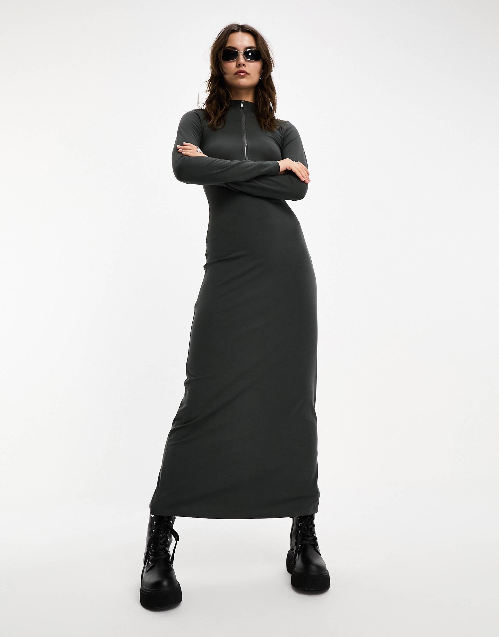 collusion long sleeve zip mock neck maxi dress in gray