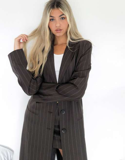 COLLUSION longline 90s blazer in brown pinstripe