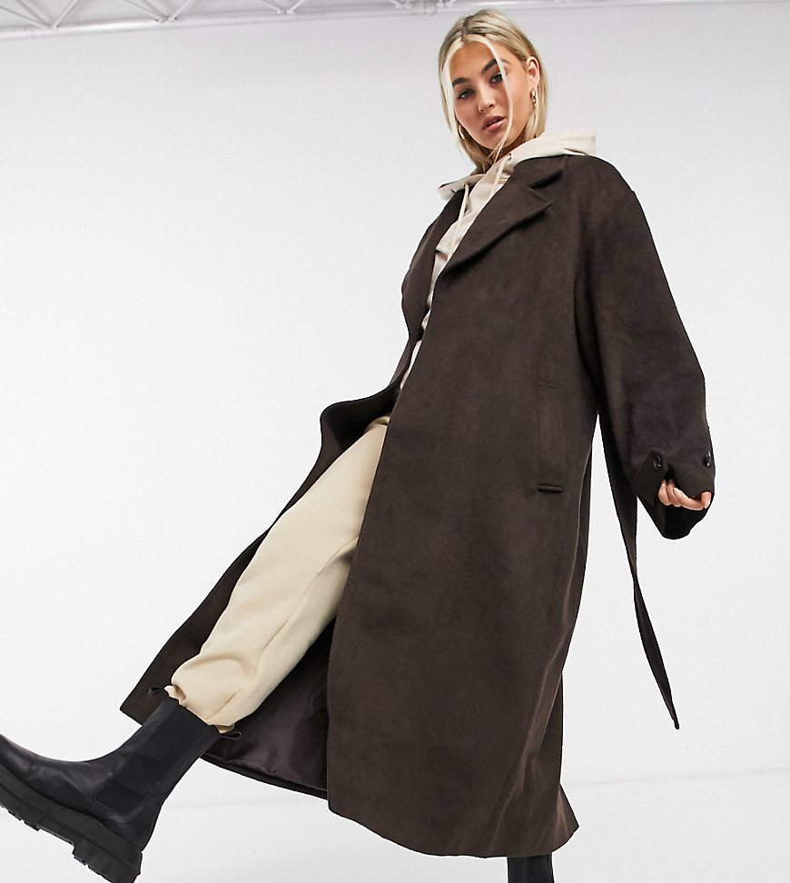 COLLUSION longline brushed faux wool coat in brown