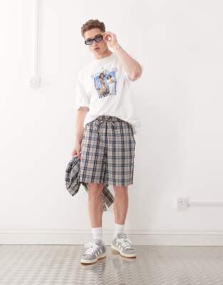 longline check jorts in blue