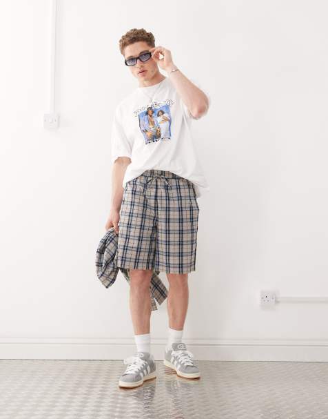 COLLUSION longline check shorts in blue - view 1