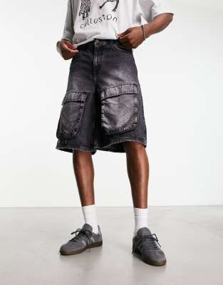 COLLUSION longline denim shorts with cargo pockets in washed black