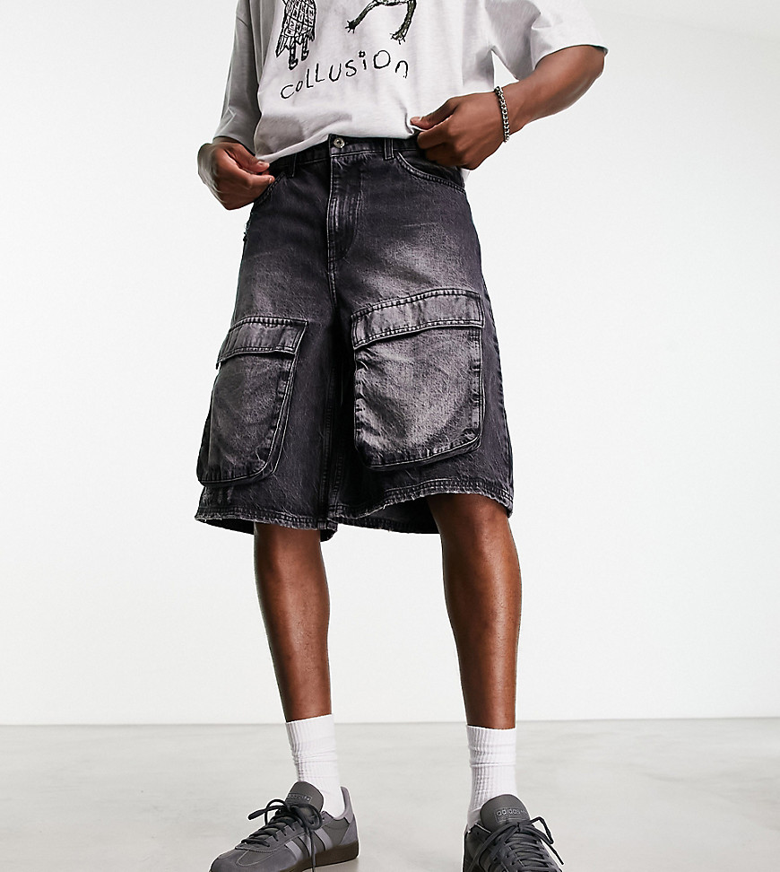 COLLUSION longline denim shorts with cargo pockets in washed black