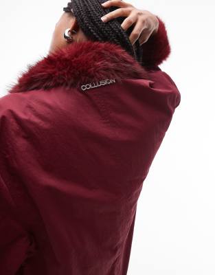 Collusion Longline Faux Fur Trim Trench Coat-red In Burgundy