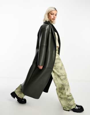 Collusion Longline Faux Leather Borg Lined Coat In Khaki-green