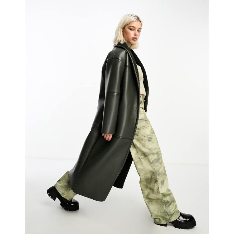 COLLUSION longline faux leather borg lined coat in khaki