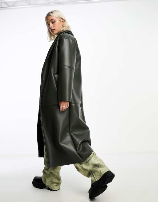 COLLUSION longline faux leather borg lined coat in khaki ASOS