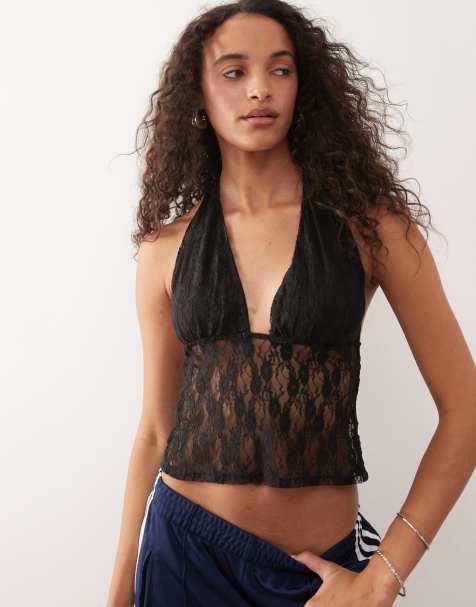 COLLUSION longline halter neck top in black lace - view 1