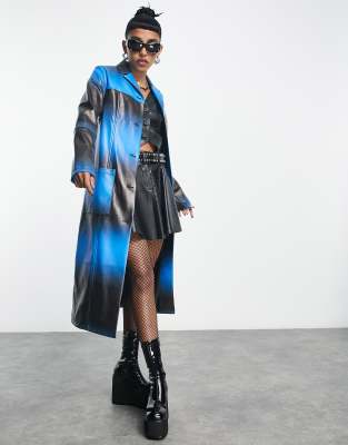 COLLUSION longline leather look gradient print coat in blue