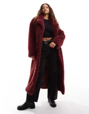 Collusion Longline Maxi Faux Fur Coat In Burgundy-red