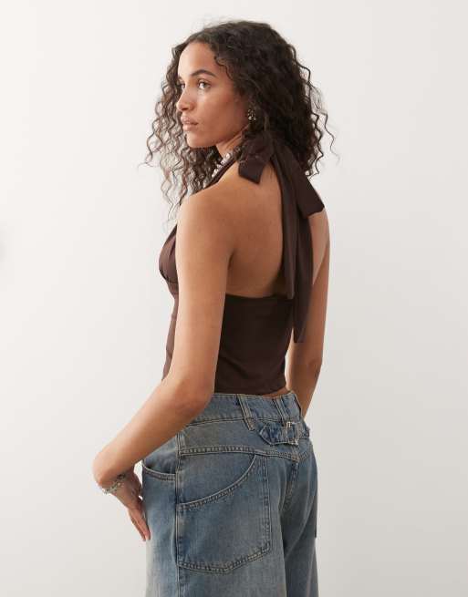 COLLUSION longline soft touch halter top in chocolate brown, 2 of 4
