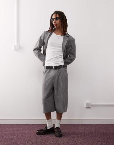 COLLUSION longline tailored pinstriped shorts in stone - part of a set - view 1