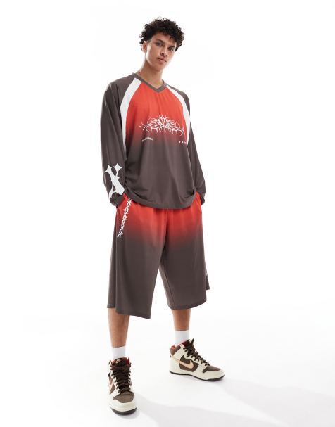 COLLUSION longline track shorts in black and red (part of a set) - view 1