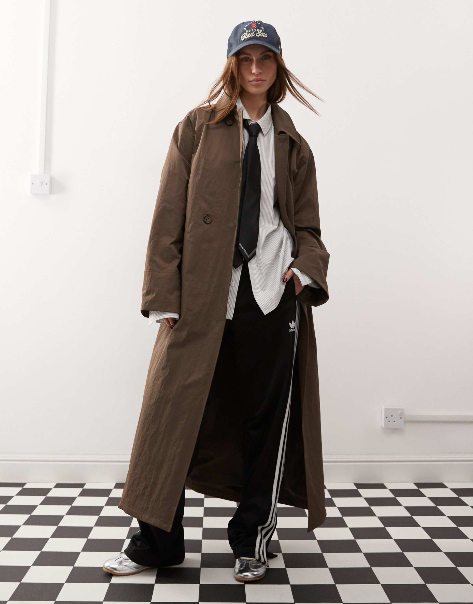 collusion longline trench jacket in brown