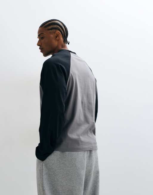 COLLUSION longsleeve raglan henley in grijs en marineblauw, 3 van 5