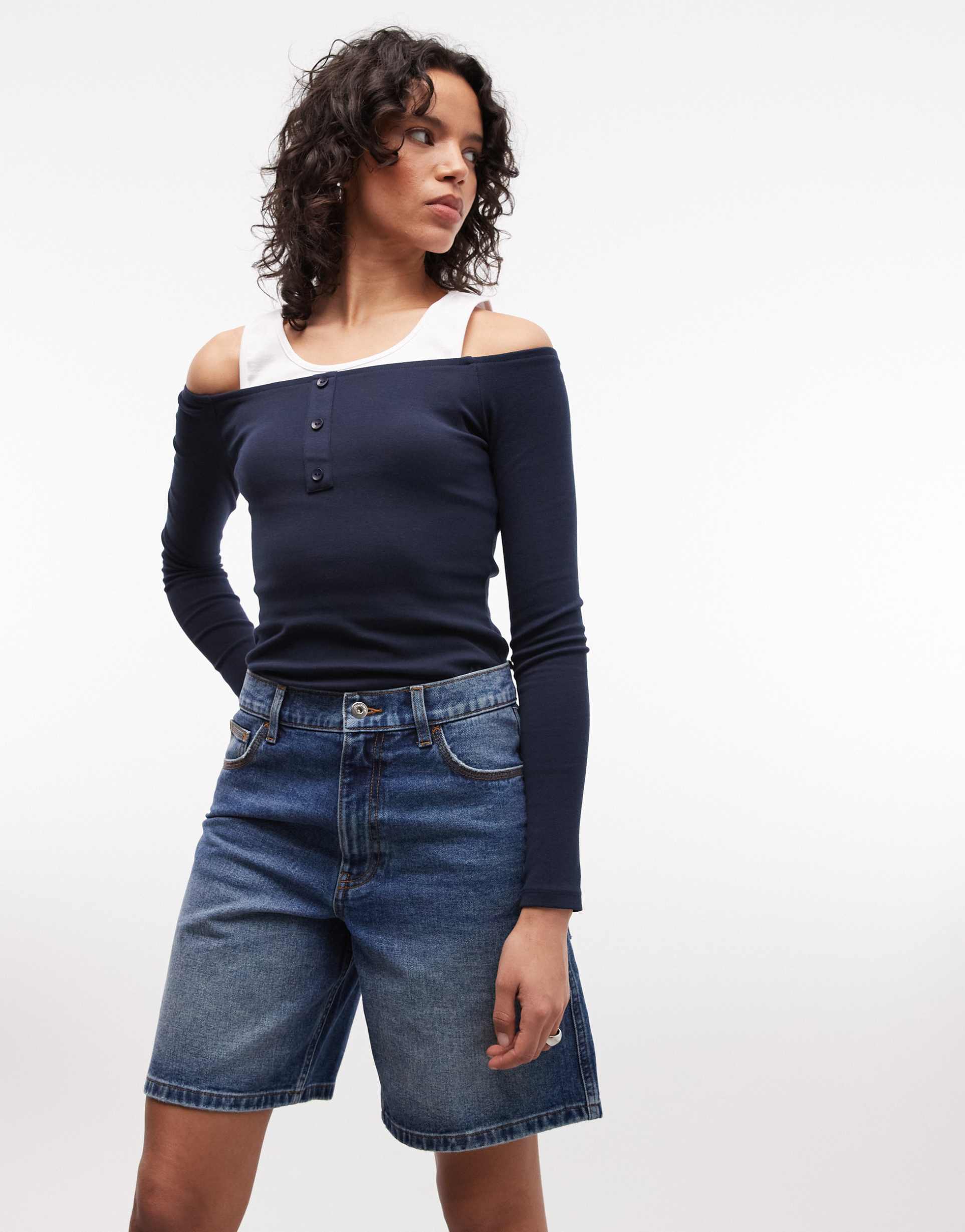 collusion loose denim jorts in mid wash