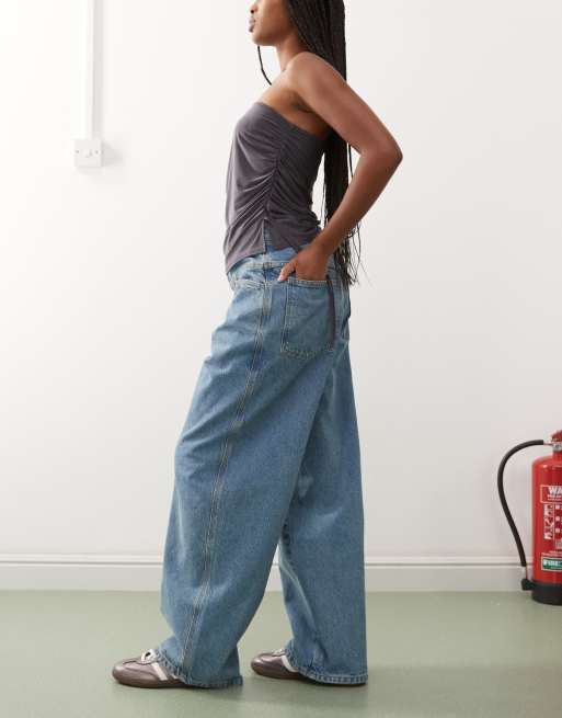 COLLUSION low rise baggy jean in midwash