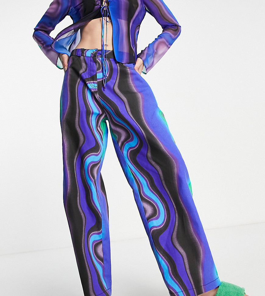 COLLUSION low rise baggy twill wave print pants in blue - part of a set