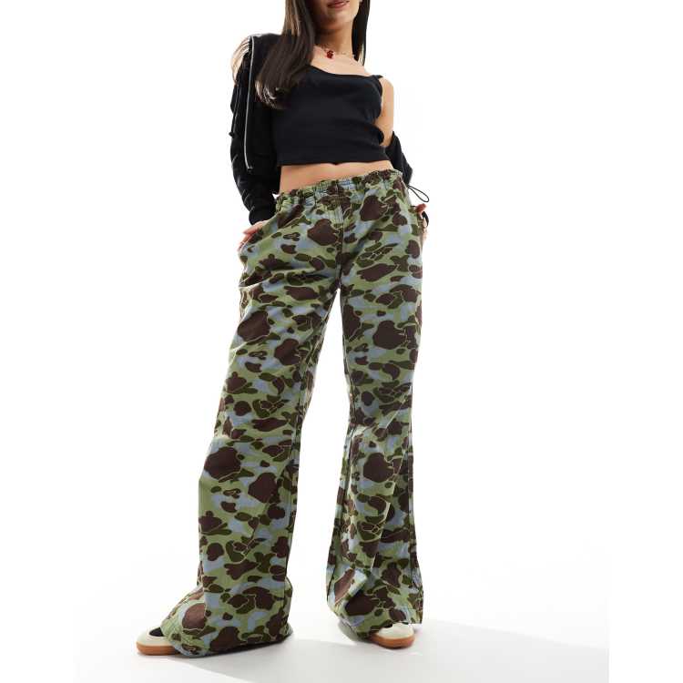 Green Flared Cargo Pants Camo Bellbottom Low Rise Trousers -  UK