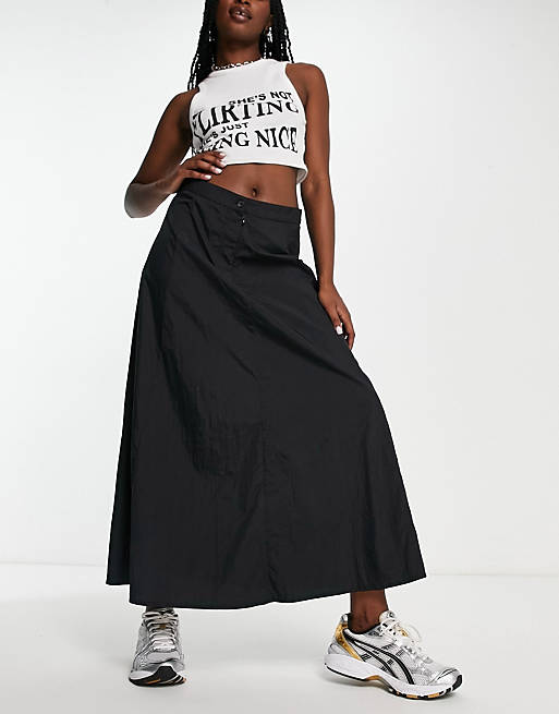 COLLUSION low rise crinkle nylon maxi skirt in black