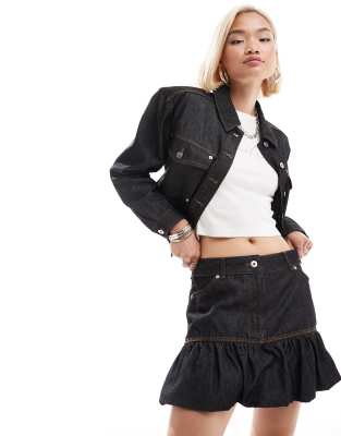 low rise denim bubble mini skirt in rinse wash - part of a set-Black