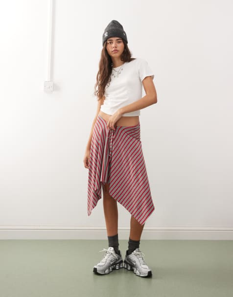 COLLUSION low rise high low spliced stripe skirt in red - view 1