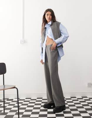 Collusion Low Rise Slim Flare Pants In Charcoal Pinstripe - Part Of A Set-gray