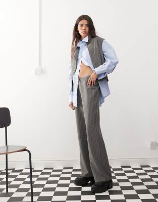 low rise slim flare pants in charcoal pinstripe - part of a set-Gray